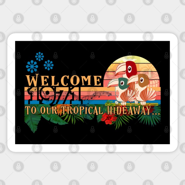 Welcome to our Tropical Hideaway 1971 Tiki Room Sticker by Joaddo